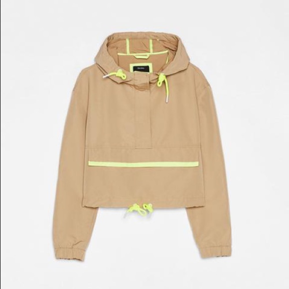 Bershka Cropped Hoodie WindbreakerTan Size XS